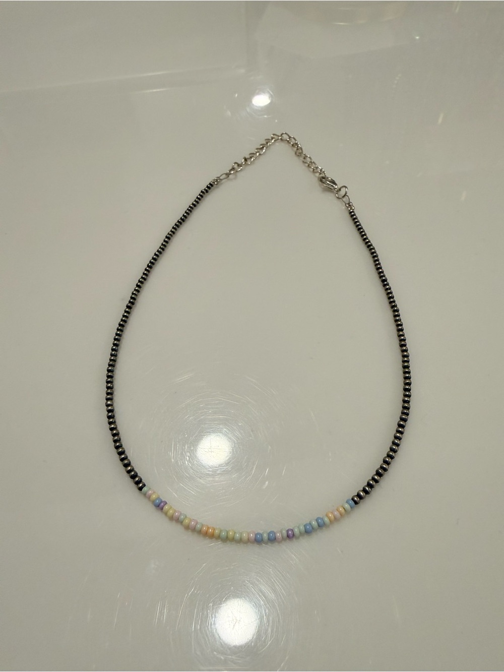 Navajo Style Sterling Silver Beaded Choker Necklace w/ Pastel Multicolor Accent - Picture 2 of 4
